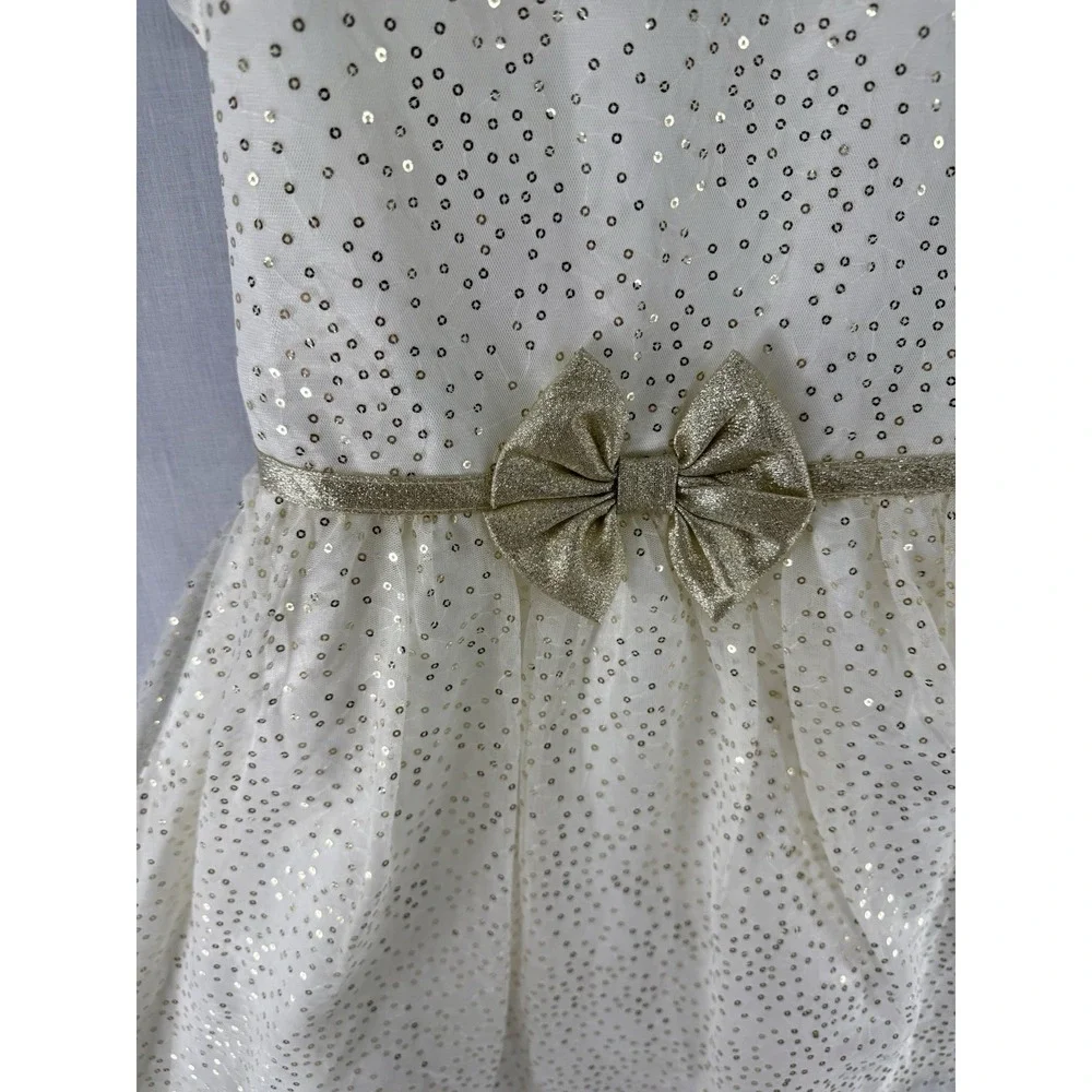 JONA MICHELLE‎ Dress Girls Size 12 Ivory/ White Gold Sequins Bow Holiday EUC